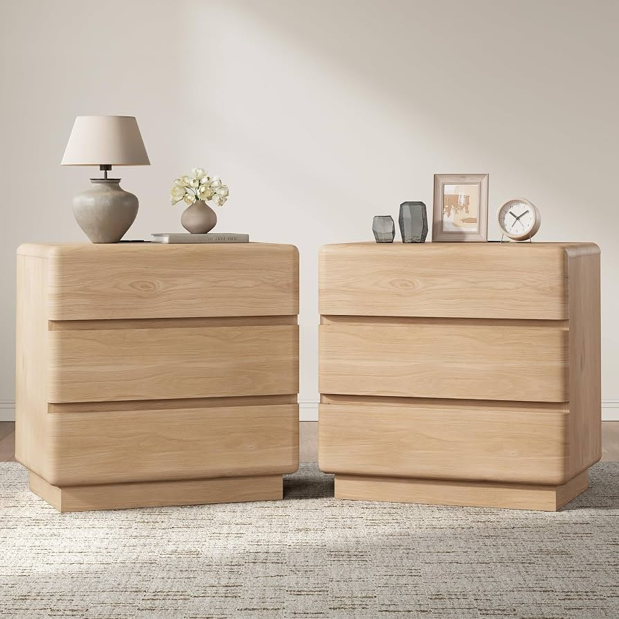 YANSNWO 23.6" Natural 3-Drawer Nightstand Set of 2 with Charging Station | Amazon (US)