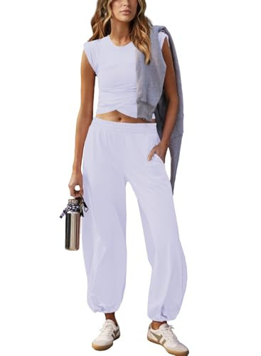 Outfeel Women 2 Piece Outfit Set Loungewear Cropped Tops and Jogger Sweatpant Matching Set Coordinated Sweatsuit with Pockets Pale Purple X-Large | Amazon (US)