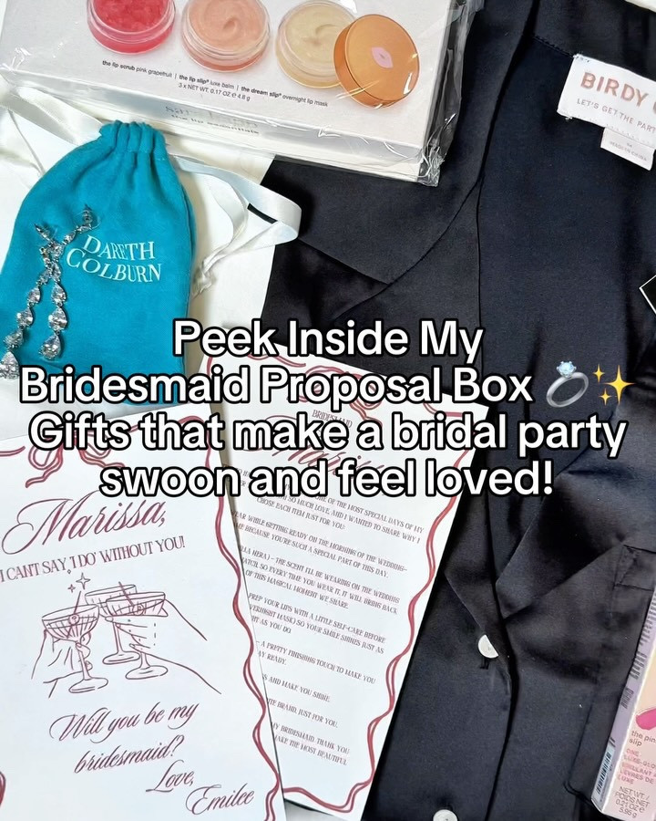 The Wedding Edit: PART 3 --Showering my Bridesmaids with some of my favorite products! 

✨🎁 Peek inside my bridesmaid proposal box — the gifts that made the bridal party swoon! 🎁✨

Cozy Birdy Grey PJs, matching Ledda Perfume (18 Vanilla Nera), Sara Happ Lip Essentials & Luxe Gloss, sparkling Dareth Colburn Earrings, and a chic Kedzie Bag — all carefully chosen to make the day extra special.

A huge thank-you to @birdygrey , @leddafragrance , @sarahapp , @darethcolburndesigns, @kedziebags for sending these beautiful products 💌

Not just for bridesmaids — this box is also the perfect Christmas gift for friends, family, or anyone special! 🎄

#BridesmaidProposal #BridesmaidGiftIdeas #BridalPartyGifts #ProposalBox #WeddingInspo #WeddingPlanning #ChristmasGiftIdeas #ChristmasGiftsForHer #BrideToBe #BoldGlamBride #giftinspo #giftforher #giftguide #bridal #maidofhonor #bridesmaid #christmaswedding

#LTKWedding #LTKStyleTip #LTKBeauty