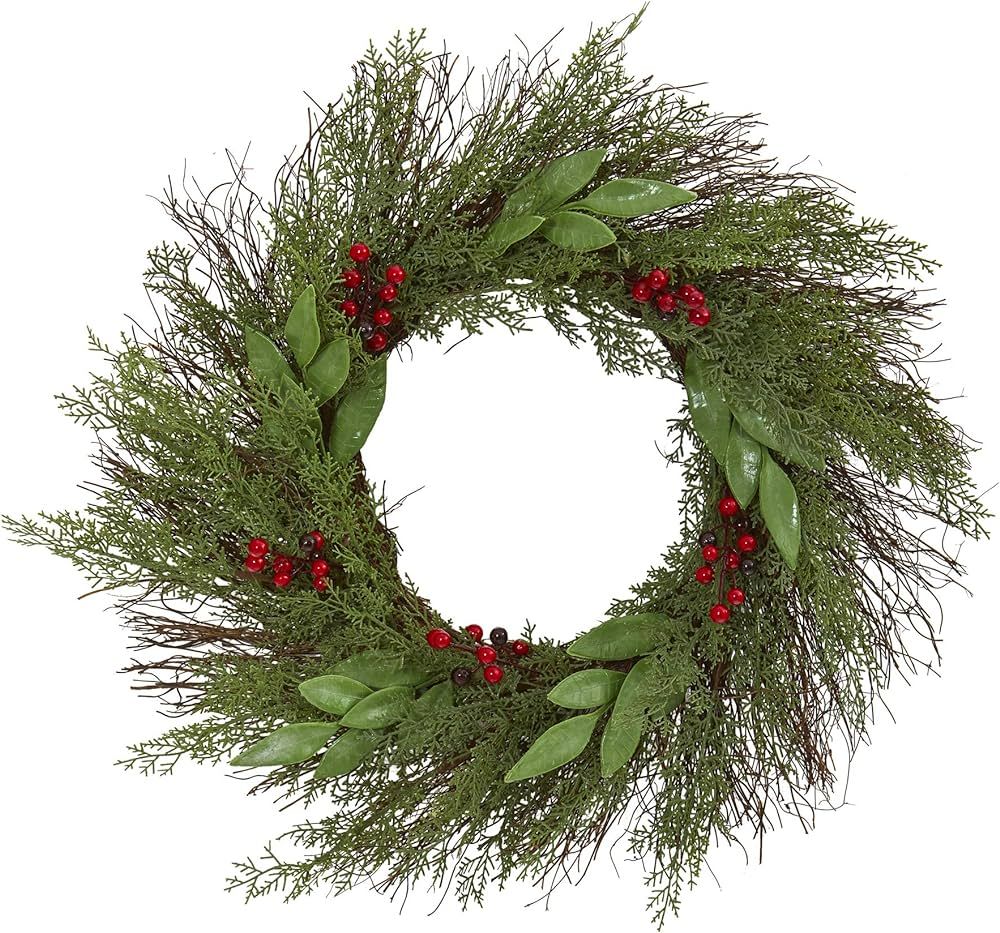 Nearly Natural 20in. Cedar and Ruscus with Berries Artificial Wreaths, Green/Red | Amazon (US)