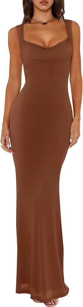 REORIA Women's Summer Cowl Neck Mesh Sleeveless Tank Dress Sexy Double Lined Bodycon Maxi Long Dr... | Amazon (US)
