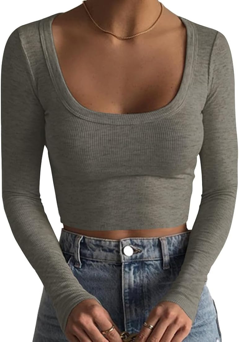 Artfish Women's Square Neck Long Sleeve Ribbed Slim Fitted Casual Basic Crop Top | Amazon (US)