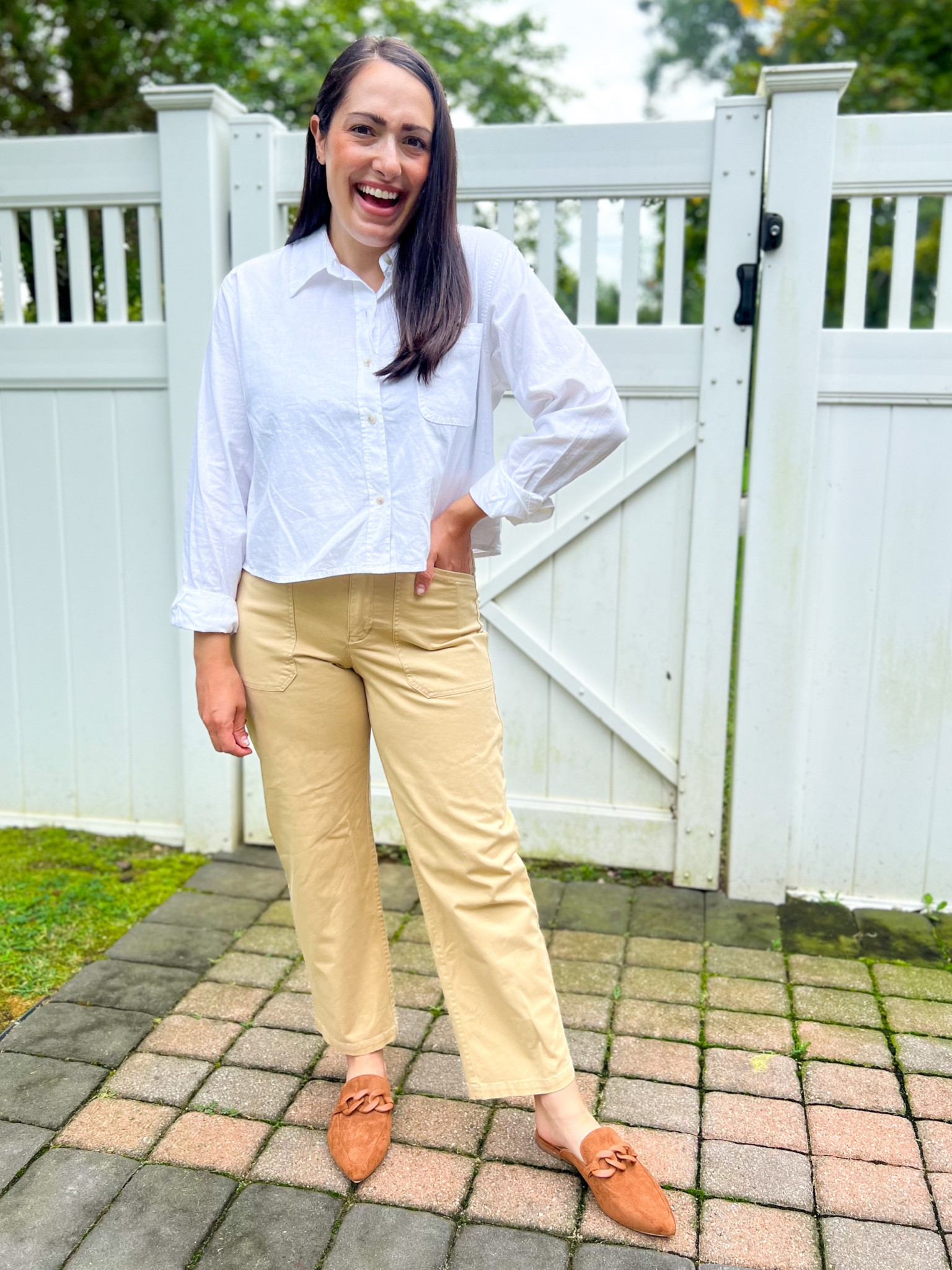 Target fashion, target style, target sale, universal thread cropped white button down shirt, khaki barrel pants, chain mules, fall fashion, workwear 

S top
6 pants 
Size up half mules 

#LTKshoecrush #LTKunder50 #LTKworkwear