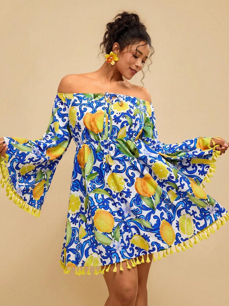 Travachic Plus Size Women Lemon Print Off-Shoulder Dress With Tassel Sleeve Decor And A-Line Silh... | SHEIN