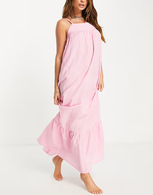 ASOS DESIGN tiered maxi beach dress in pink | ASOS (Global)