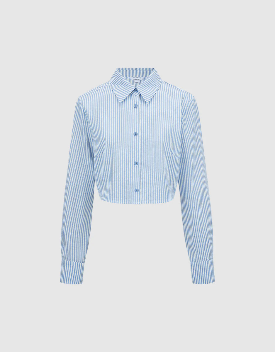 Cropped Striped Button Up Straight Shirt | Urban Revivo