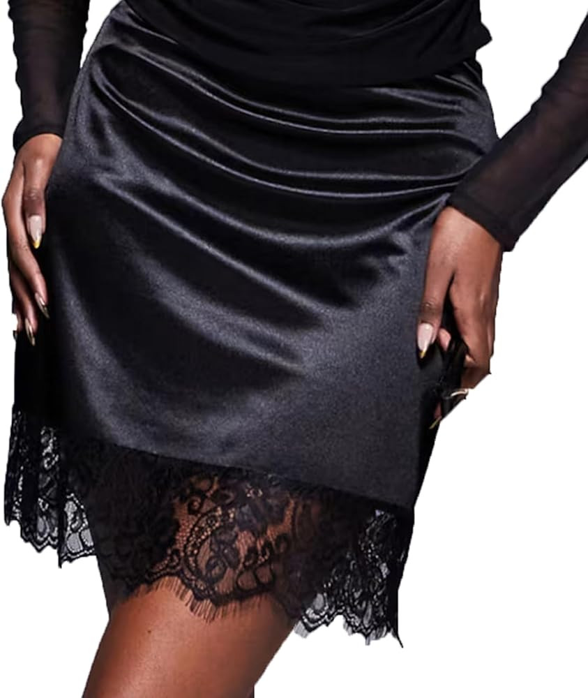 Women Lace Trim Silk Mini Skirt Y2k Lacy Satin A Line Half Silp Short Skirt Cute High Waist Under... | Amazon (US)