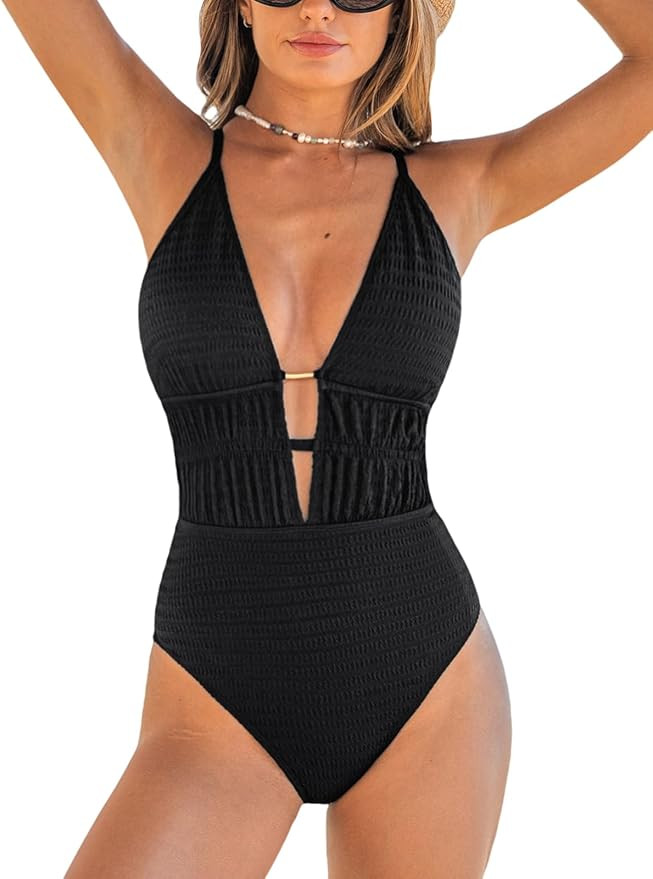 CUPSHE Women's One Piece Swimsuit Plunging Neck Cutouts Bathing Suit Textured Ruched Crisscross B... | Amazon (US)