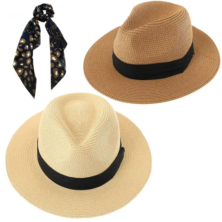 Panama Beach Hat for Women - 2 Pack Wide Brim Straw Hat for Summer Sun Beach Travel, Ivory and Ta... | Walmart (US)