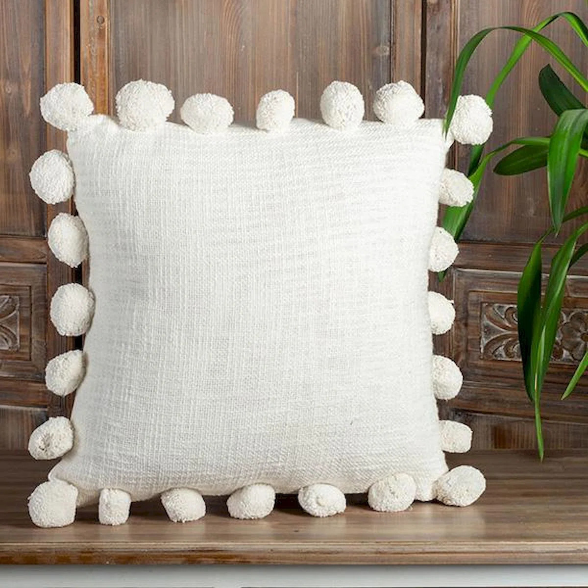 White Cotton Slub With Pom Poms Cushion Cover | Wayfair North America