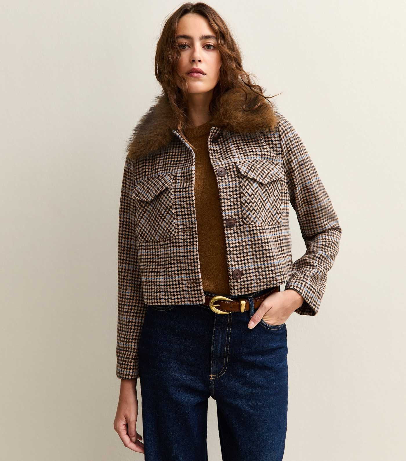 Brown Check Faux Fur Collar Flap Pocket Boxy Jacket | New Look | New Look (UK)