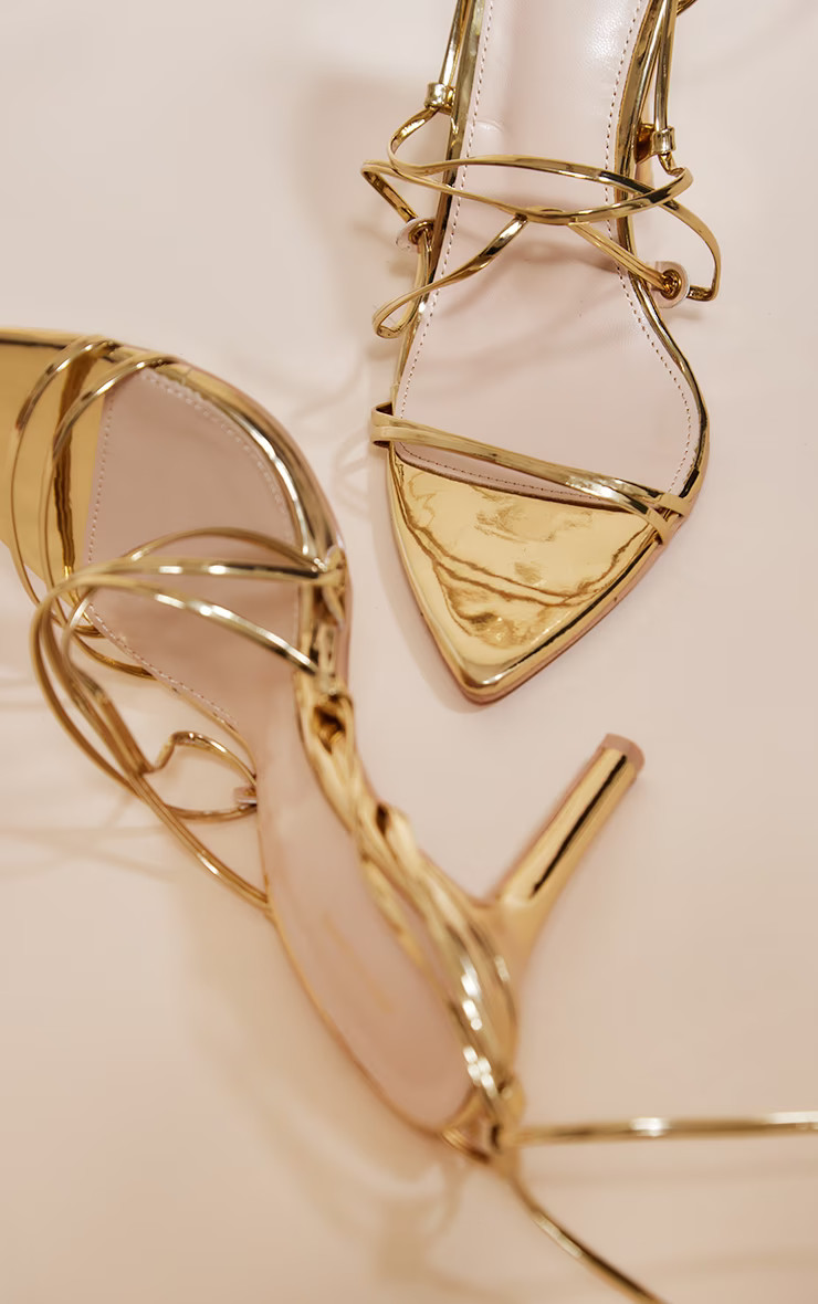 Gold Metallic Strappy Gladiator Point Toe Heels | PrettyLittleThing UK