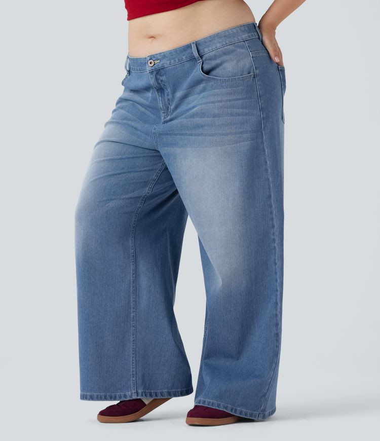 Women’s Plus Size Halara Flex™ Low Rise Wide Leg Washed Casual Jeans with Pockets - Halara | HALARA