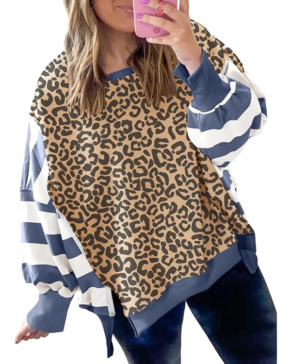 Striped Leopard Sweatshirt for Women Color Block Patchwork Drop Shoulder Side Slit Pullover Shirt... | Amazon (US)