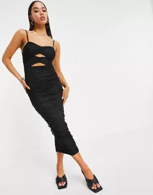 ASOS DESIGN textured mesh cut out ruched maxi body-conscious dress in black | ASOS (Global)