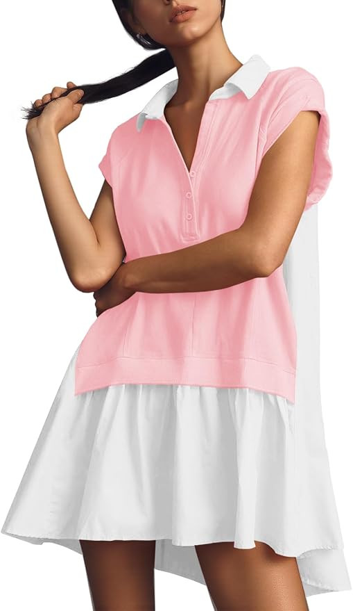 Fisoew Womens Summer Sweatshirt Dresses Short Sleeve V Neck Casual Oversized Patchwork Mini Dress | Amazon (US)