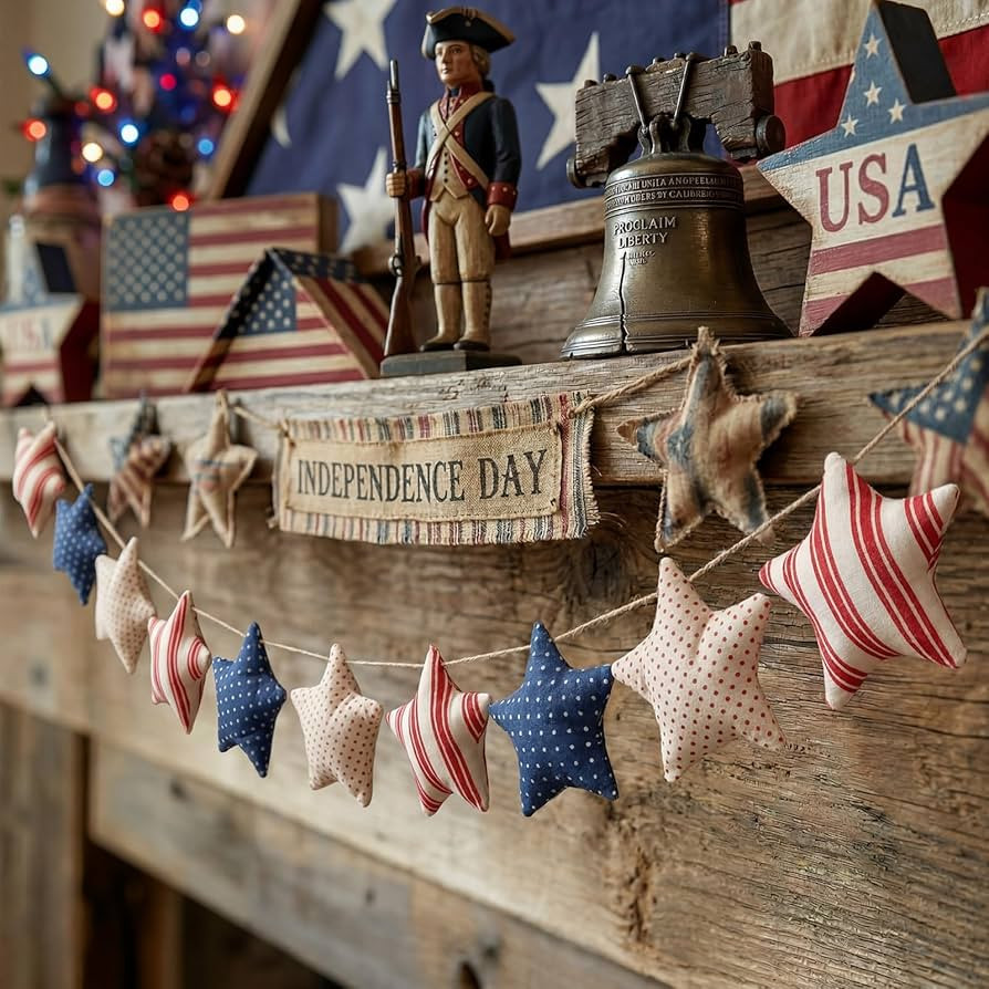 Mindsoft 8.2ft Vintage Patriotic Star Garland, 250th Anniversary 4th of July Decorations, Red Whi... | Amazon (US)