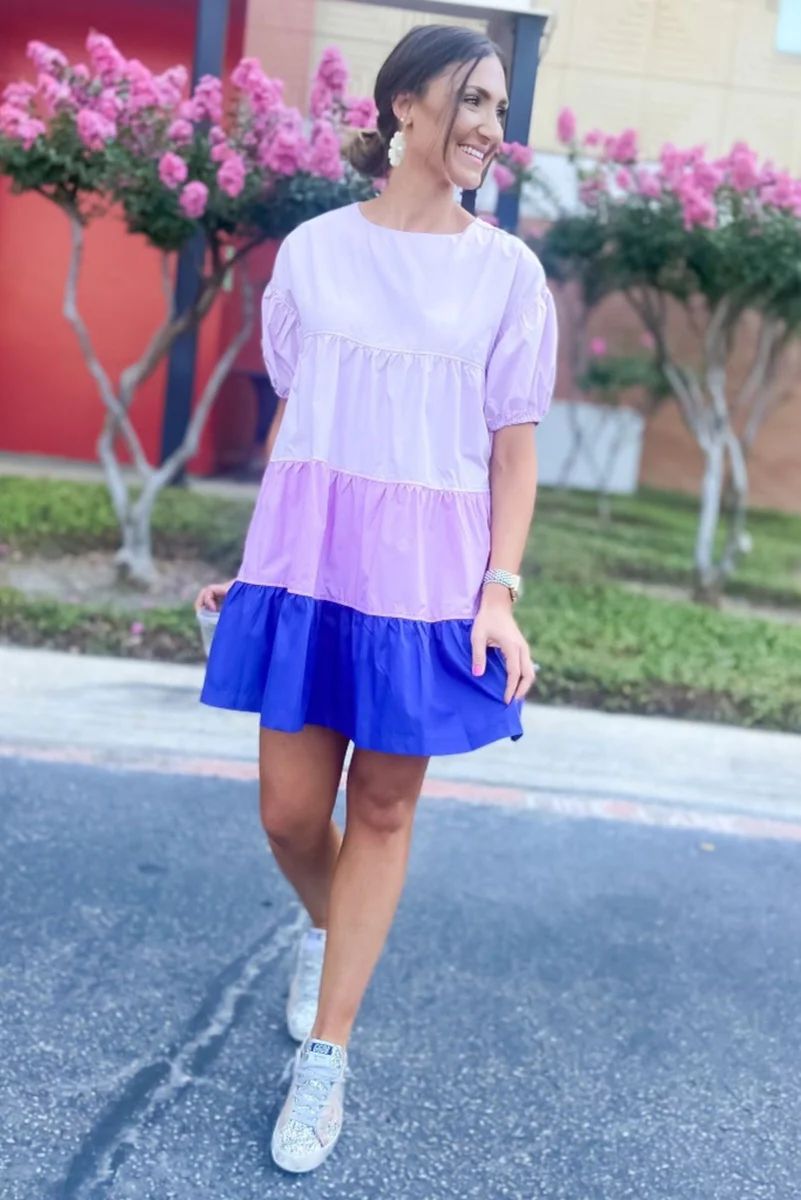 Purple Color Block Tiered Dress w/ Balloon Sleeves | Shop Style Your Senses