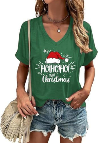 Christmas Shirts for Women V Neck Merry Christmas Tshirt Funny Xmas Holiday Graphic Short Sleeve ... | Amazon (US)