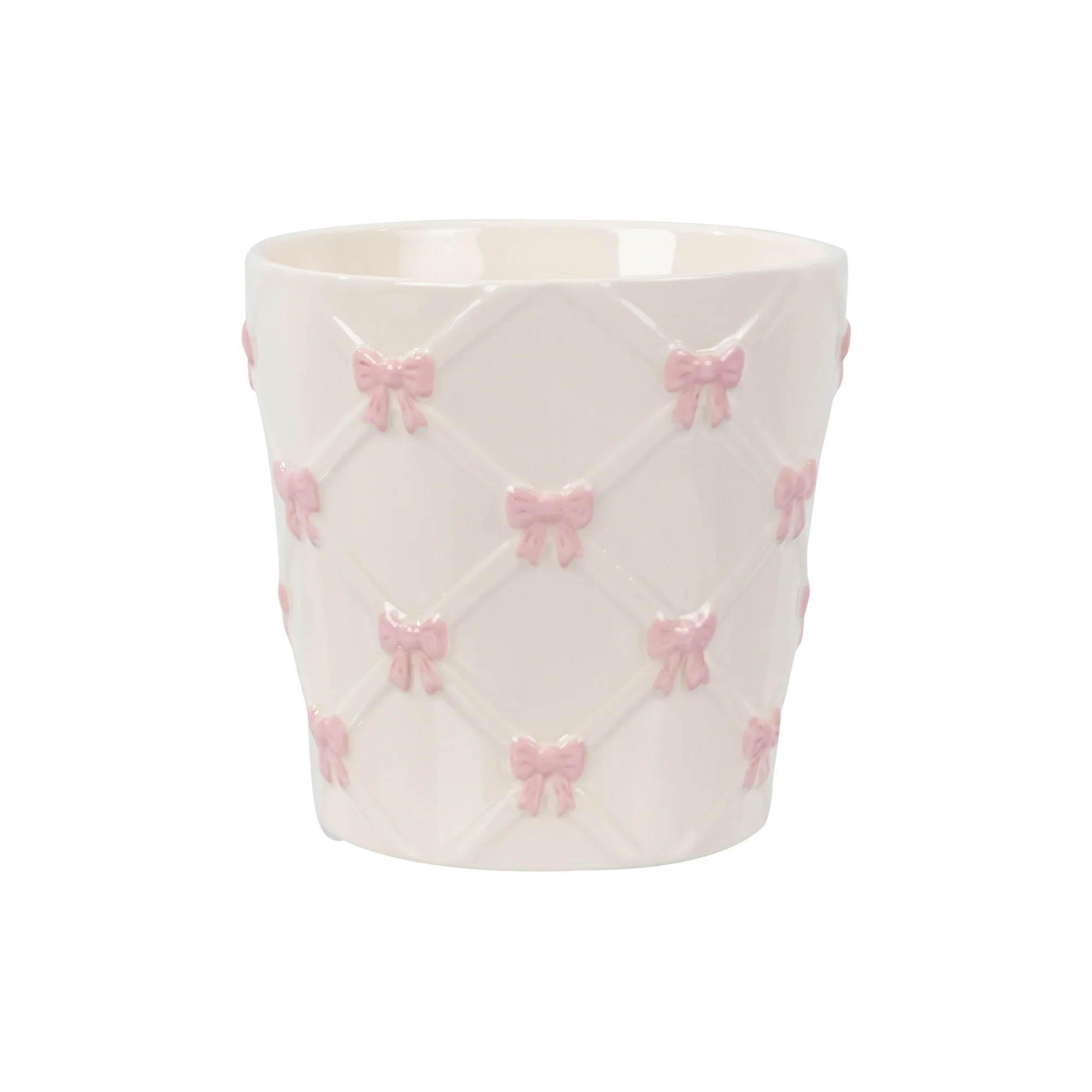 Mainstays 6.25" x 6.25" x 6" Round Cream and Pink Ceramic Bow Planter | Walmart (US)