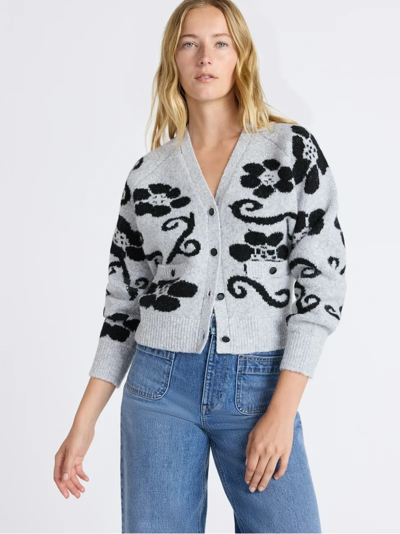 Free Assembly Women’s Floral Pattern V-Neck Cardigan Sweater, Midweight, Sizes XS-XXL | Walmart (US)