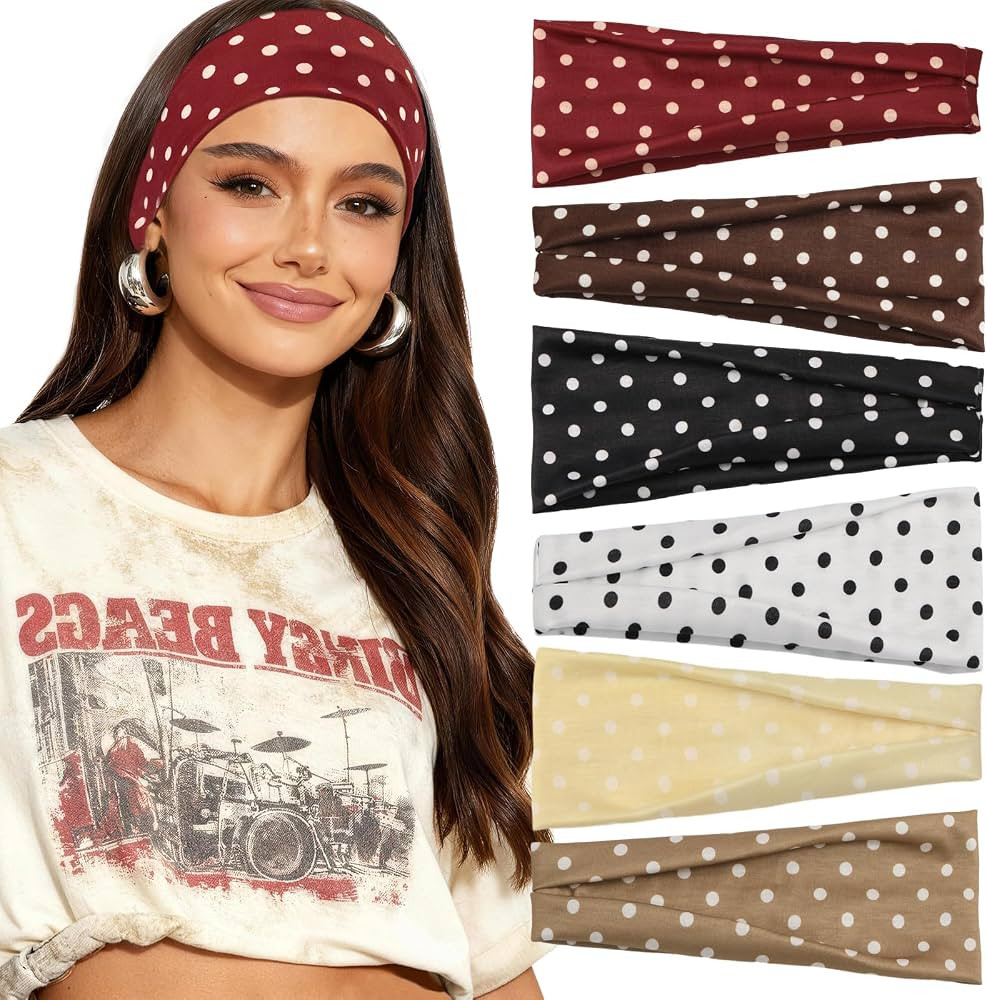 6 Pack Polka Dot Headband for Women - Non Slip Elastic Floral Hairbands, Soft Fabric Hair Bands f... | Amazon (US)