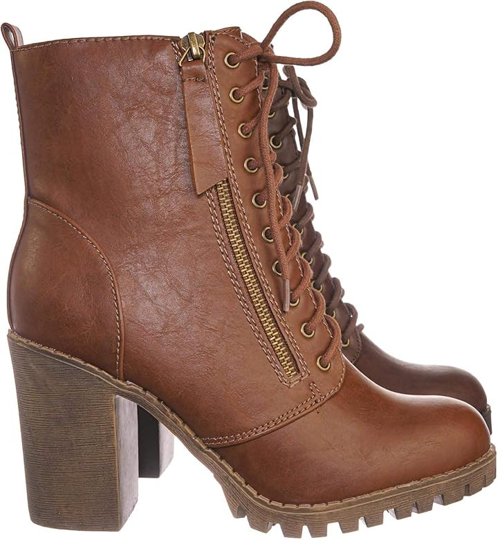 Soda Malia Boots Women's Brown Low Faux Leather Chunky Heel Ankle Booties | Amazon (US)