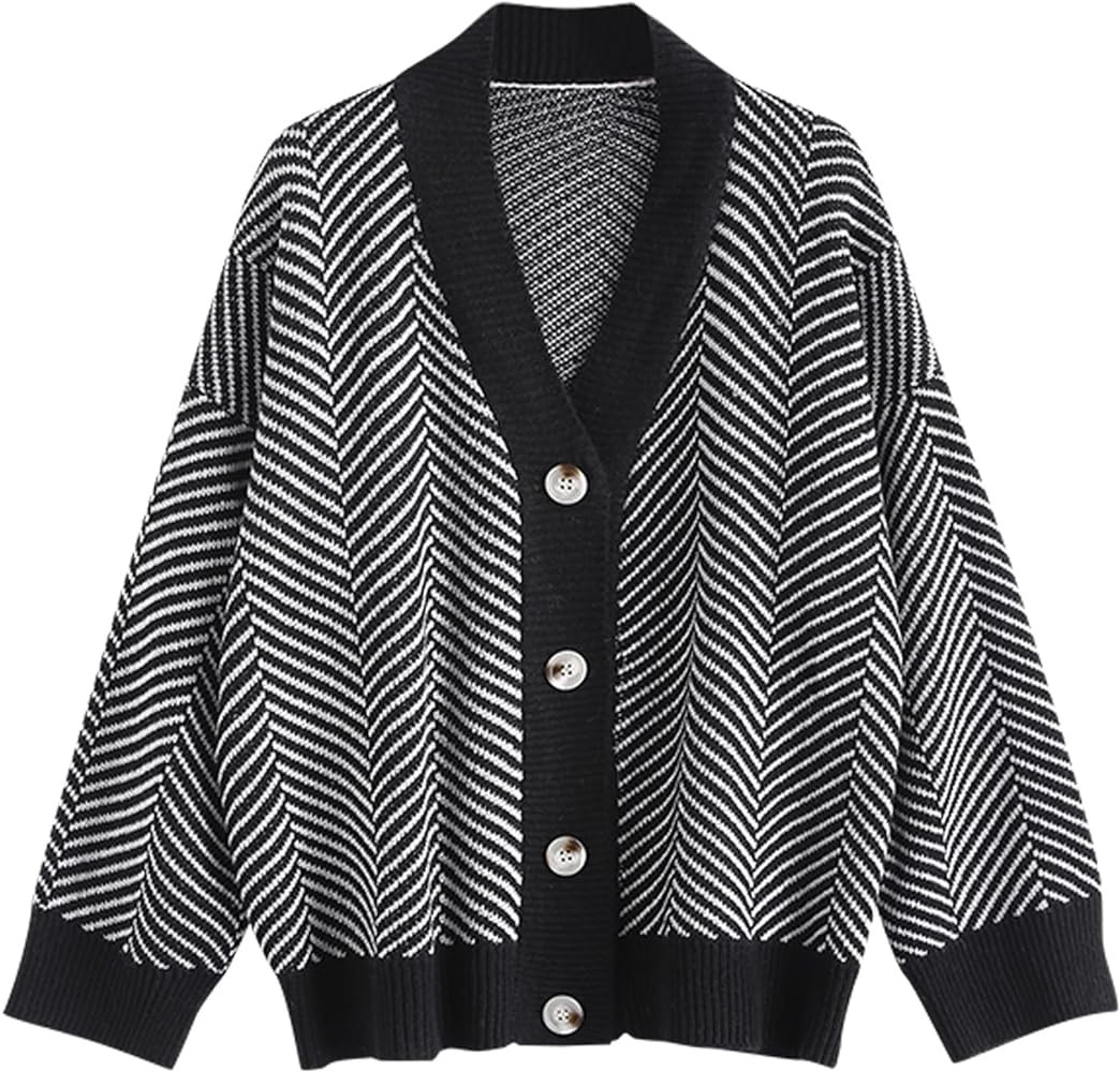 ZAFUL Women's Striped Cardigan Long Sleeve Button Up Open Front Knit Oversized Sweater | Amazon (US)