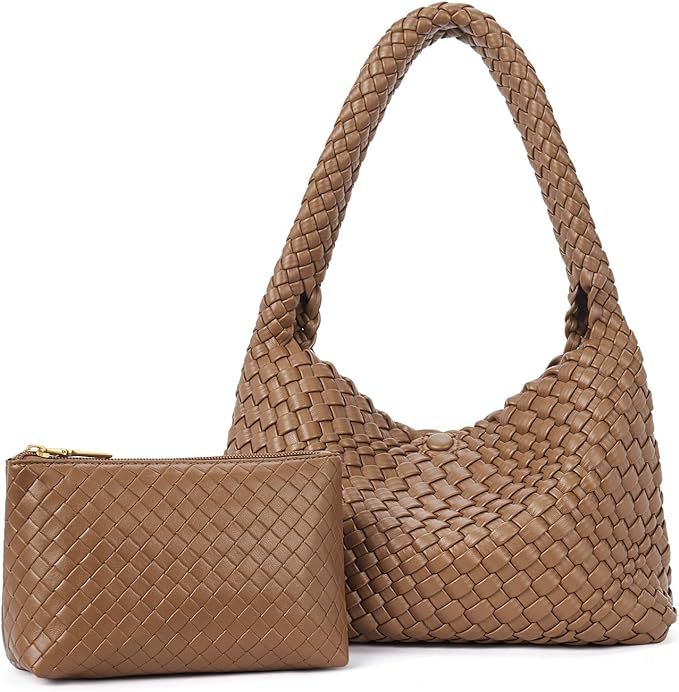 CLUCI Woven Shoulder Bag for Women，Vegan Leather Purse Tote Handbag 2PS | Amazon (US)