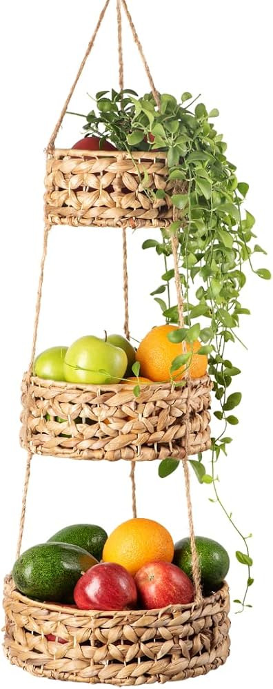 Hanging Fruit Basket Handmade Woven Hanging Basket Kitchen Storage. 3-Tier Fruit Baskets for Prod... | Amazon (US)