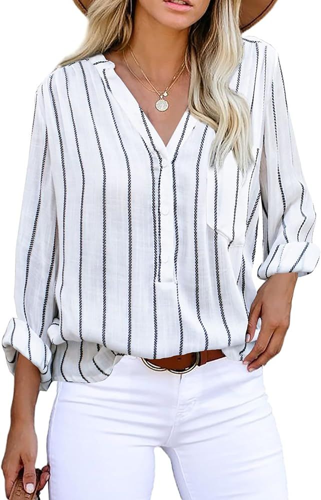 Astylish Womens V Neck Striped Roll up Sleeve Button Down Blouses Top | Amazon (US)