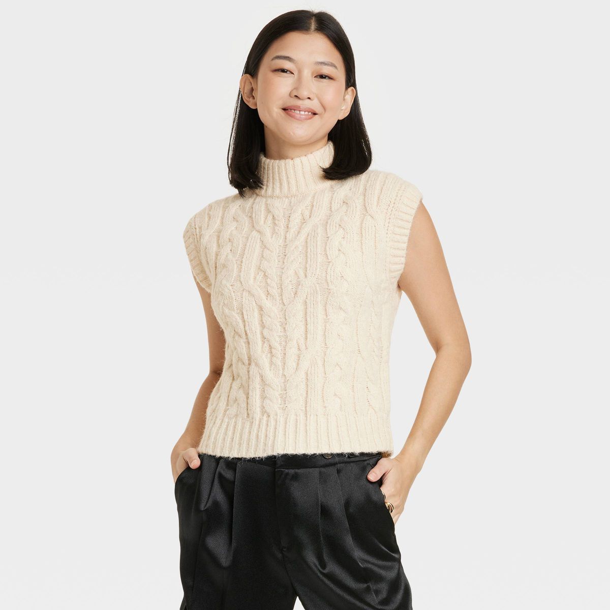 Women's Mock Turtleneck Cropped Sweater Vest - A New Day™ Cream S | Target