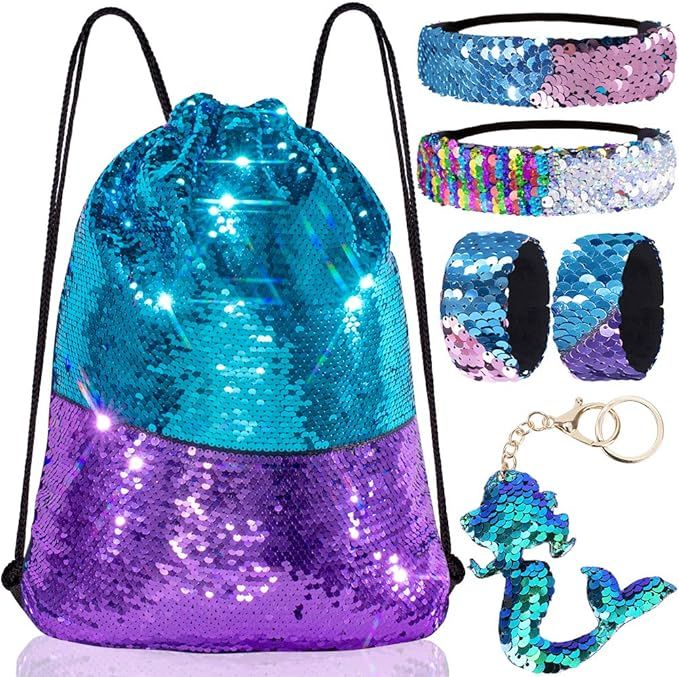 Mermaid Reversible Sequin Drawstring Backpack/Bag Blue/Purple for Kids Girls | Amazon (US)