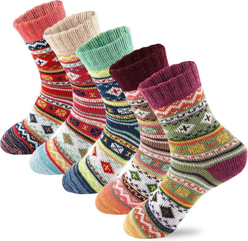 LKV 5 Pairs Wool Socks for Women - Cute Fuzzy Warm Colorful Crew Socks for Women Winter Christmas... | Amazon (US)