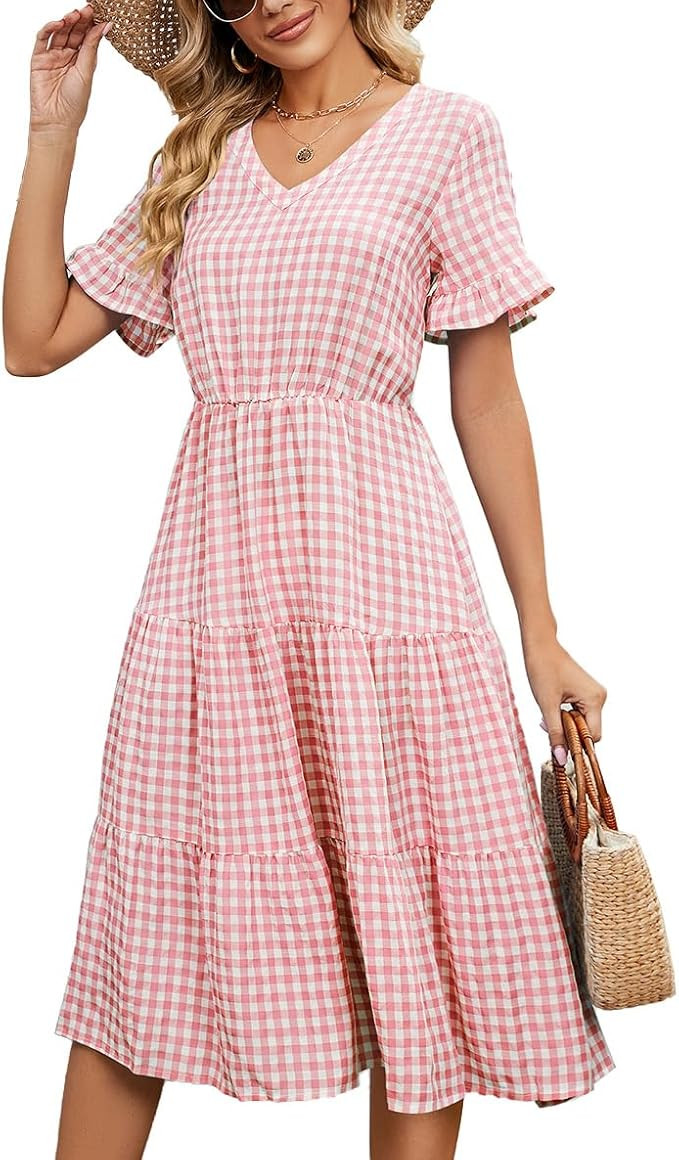Women's 2025 Lace Up Short Sleeve Square Collar Midi Dresses, Long Plaid Dress, Classic Patterns ... | Amazon (CA)