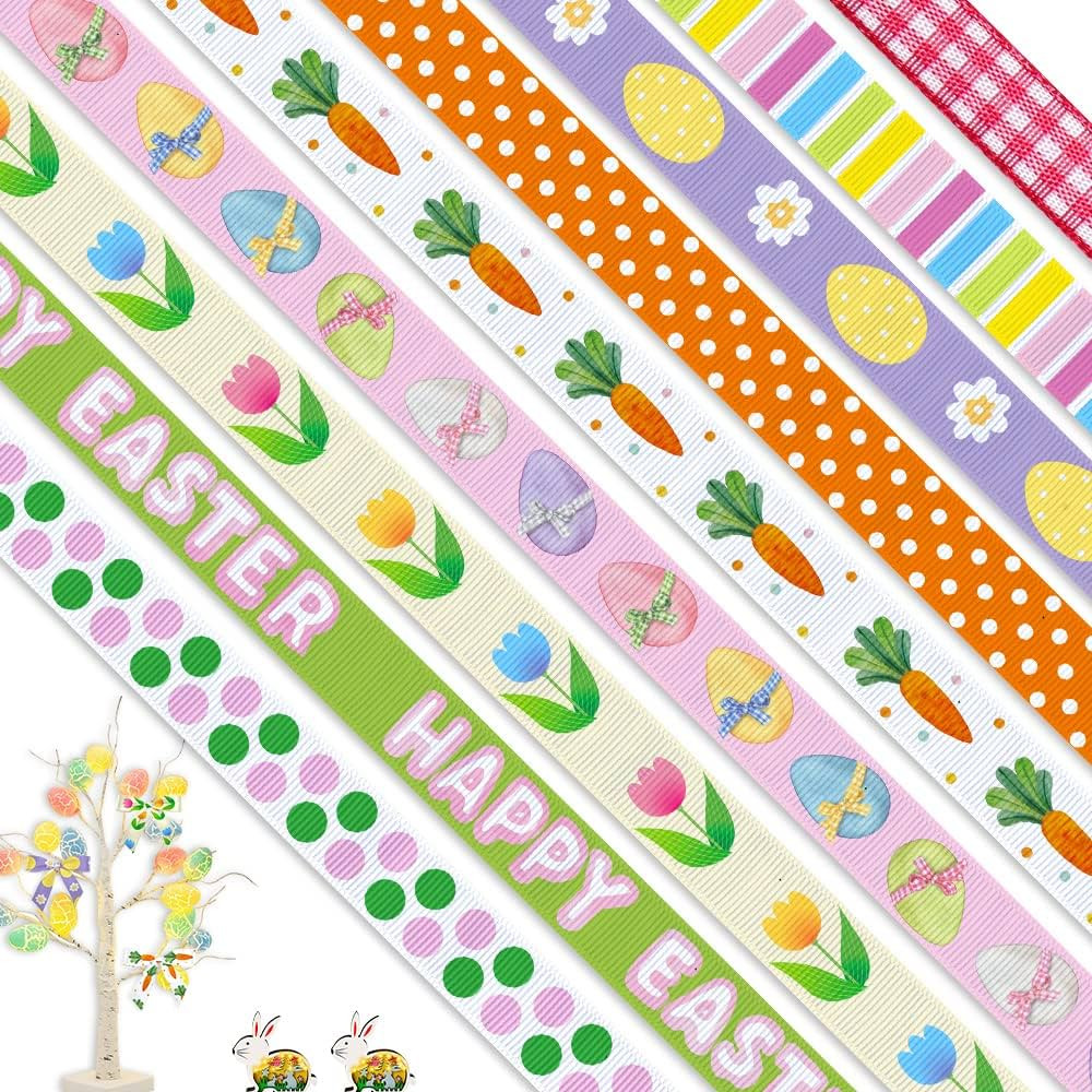 9 Rolls 27 Yards Easter Ribbons, Easter Grosgrain 3/8" Ribbons Spring Colorful Ribbons Flower Egg... | Amazon (US)