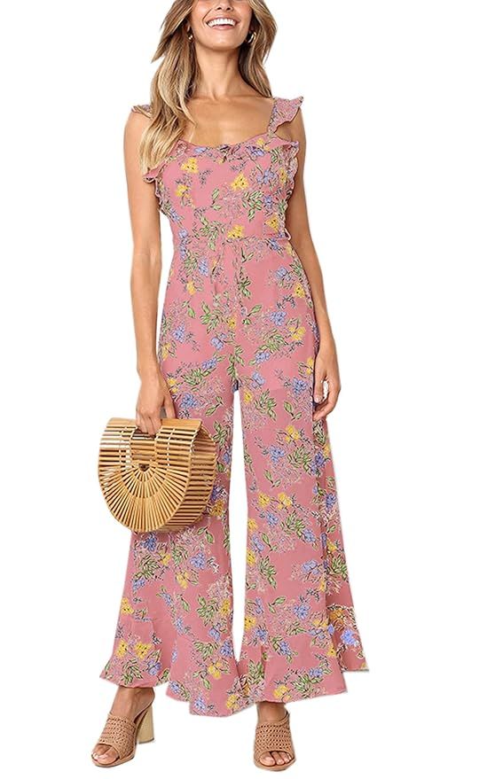 Angashion Women's Floral Print Ruffles Backless Chiffon Jumpsuit Spaghetti Strap Loose Wide Leg L... | Amazon (US)