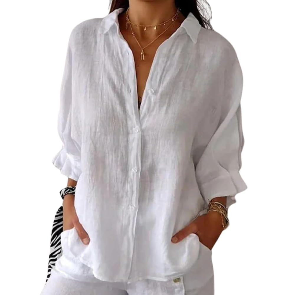 Button Down Shirts for Women Solid Color Cotton Linen 3/4 Sleeve Shirt Collared Blouses Womens Ca... | Amazon (US)