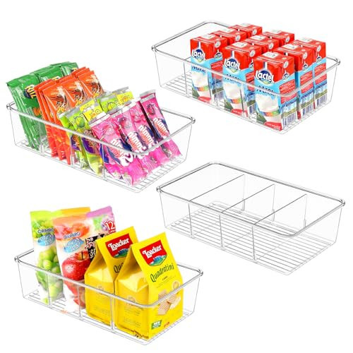 ZIZOTI Snack Organizer for Pantry Shelf, 4 Pack Clear Plastic Pantry Storage Bins with 3 Dividers for Snacks, Spices, Chips Food Organizer, Stackable Pantry Organizers for Kitchen, Fridge, Cabinet | Amazon (US)