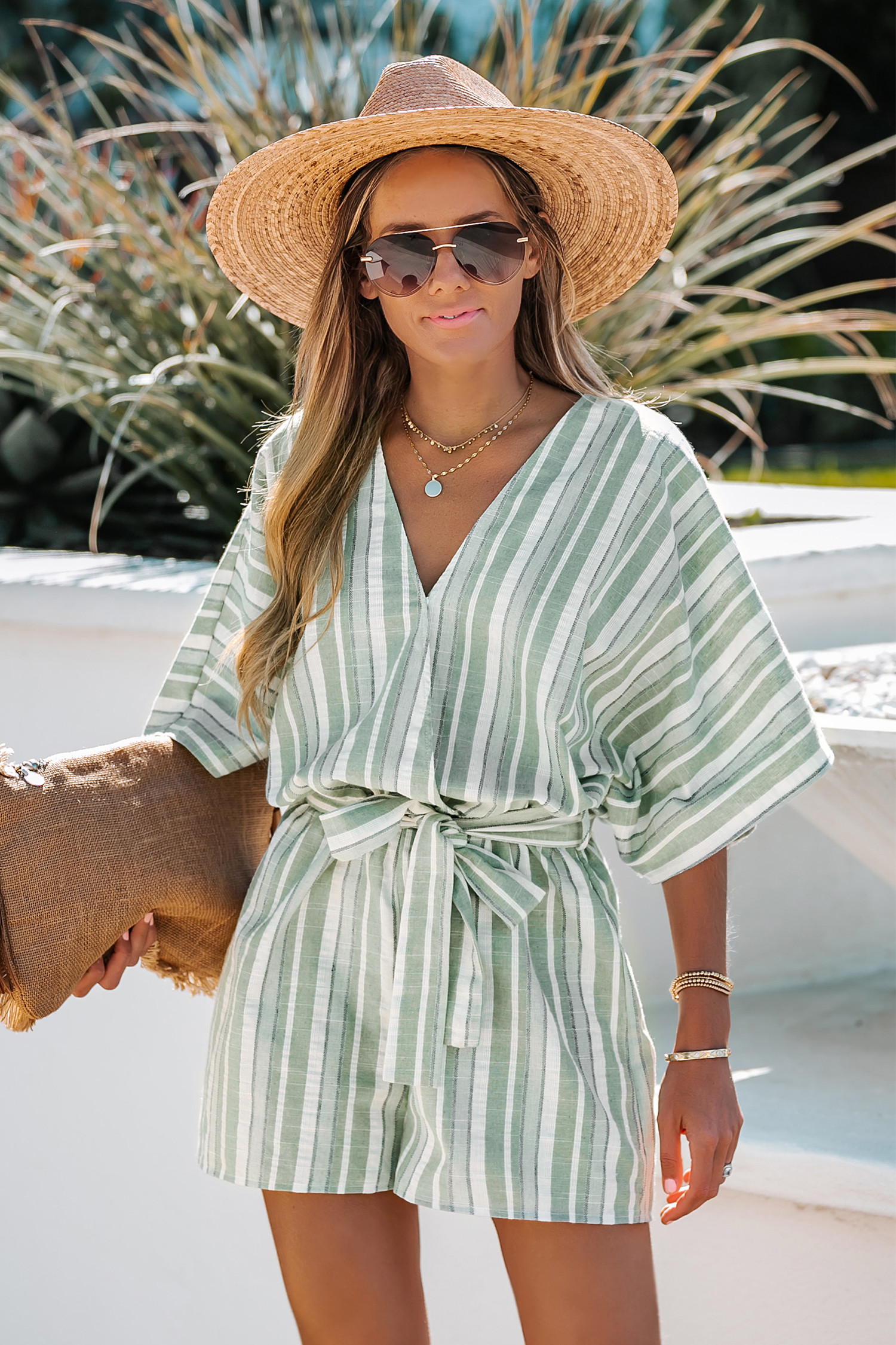 Belted Surplice Neck Striped Romper | Cupshe US