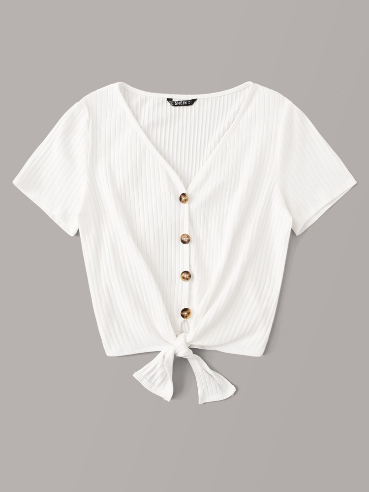 SHEIN Buttoned Knot Front Rib-knit Top | SHEIN