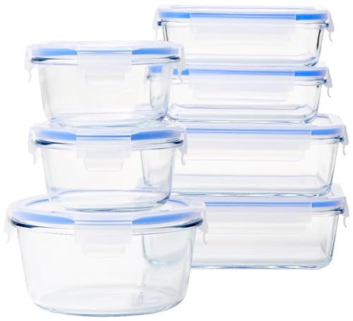 Amazon Basics Leak-Proof Glass Locking Lids Food Storage Containers, 14-Piece Set, 7 Count of Bases and 7 Plastic Lids, Clear, Blue, BPA Free | Amazon (US)