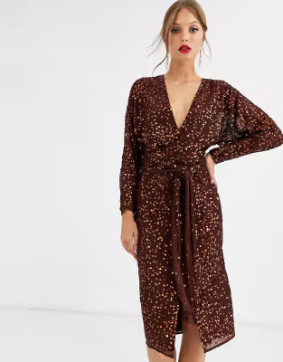 ASOS DESIGN midi dress with batwing sleeve and wrap waist in scatter sequin | ASOS US