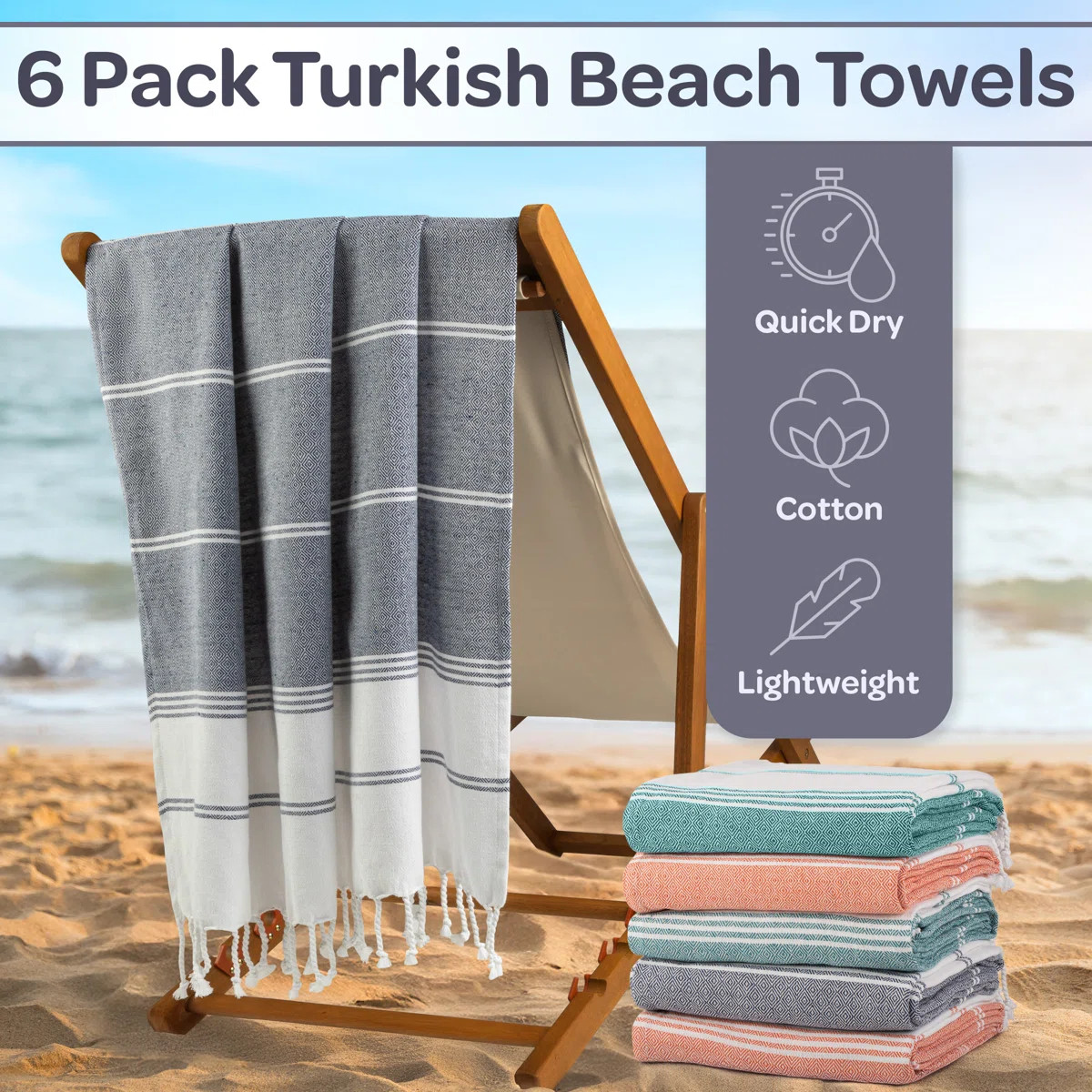 Lavish Home 6 Pack Turkish Beach Towel Set - 39”x71” Oversized Beach Towels Bulk Lightweight ... | Wayfair North America