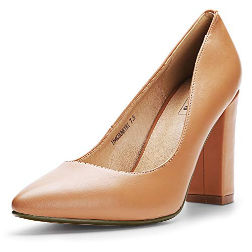 IDIFU Women's IN4 Chunky-HI Block High Heels Closed Pointed Toe Pumps Dress Office Shoes for Women (8 M US, Nude Pu) | Amazon (US)