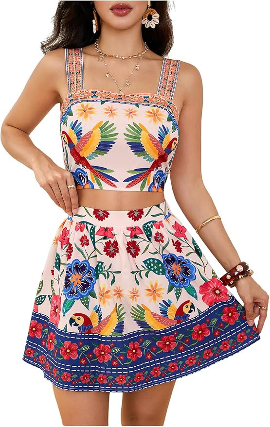 Floerns Women's Two Piece Outfit Tropical Crop Cami Top and Summer Skirts Set | Amazon (US)