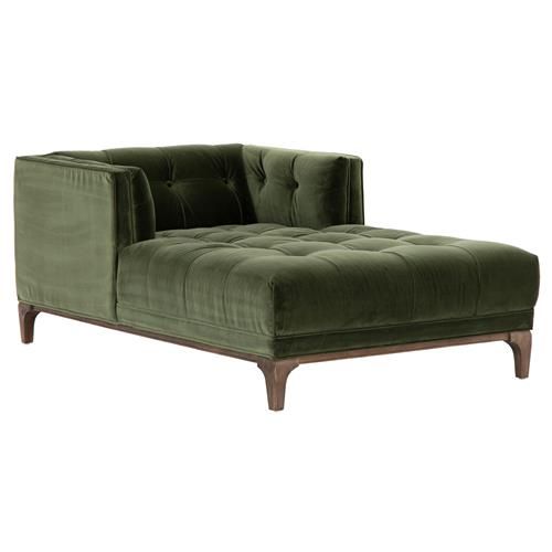Allen Mid Century Green Velvet Brown Wood Frame Blind Tufted Chaise Lounge | Kathy Kuo Home
