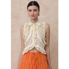 Ruffle Button-Front Semi-Sheer Sleeveless Top | Chicwish