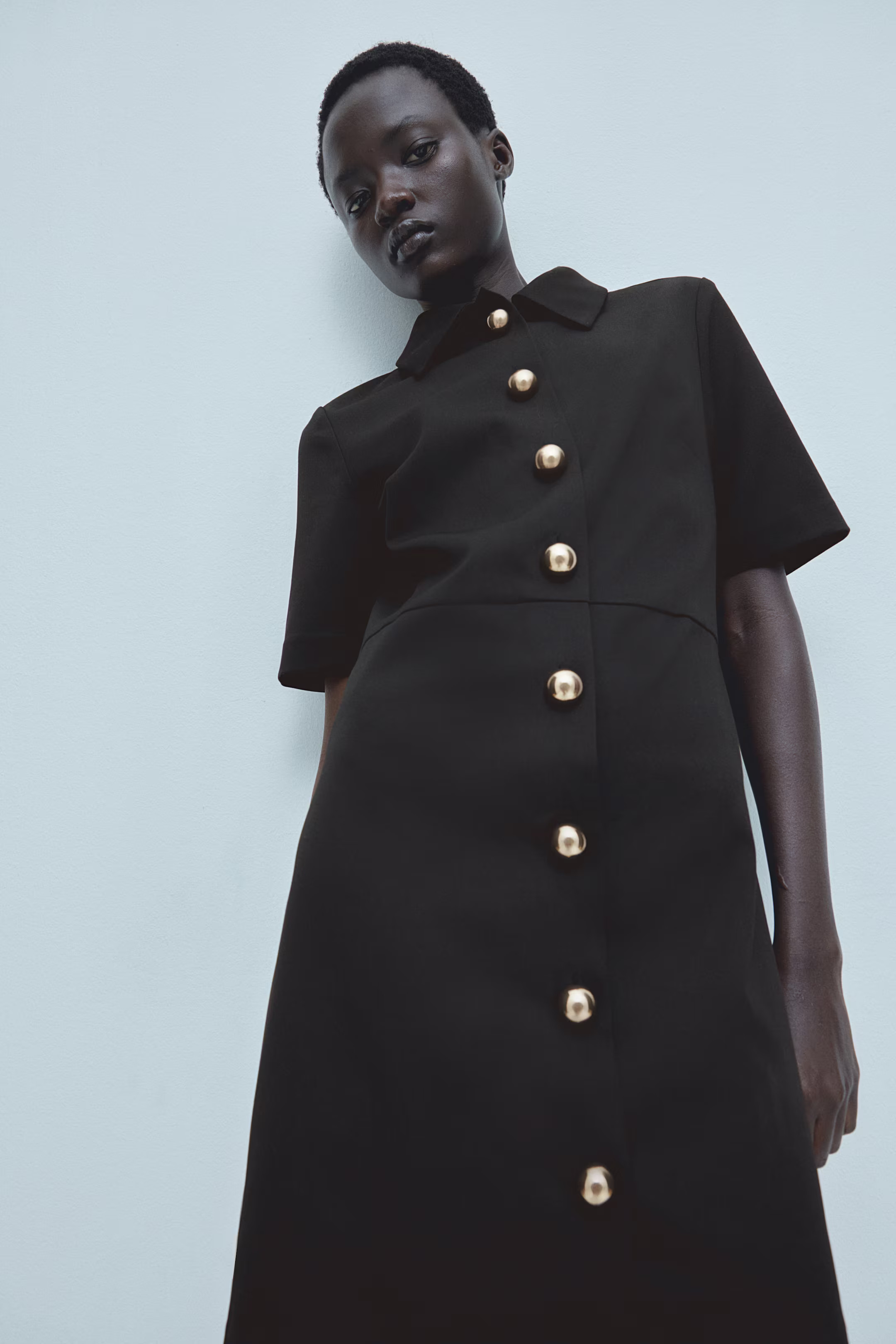 Twill shirt dress - Short sleeve - Short - Black - Ladies | H&M GB | H&M (UK, MY, IN, SG, PH, TW, HK)