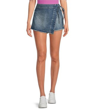 Free People Emmy Denim High Waisted Asymmetric Raw Hem Tie Side Mini Skort | Dillard's | Dillard's